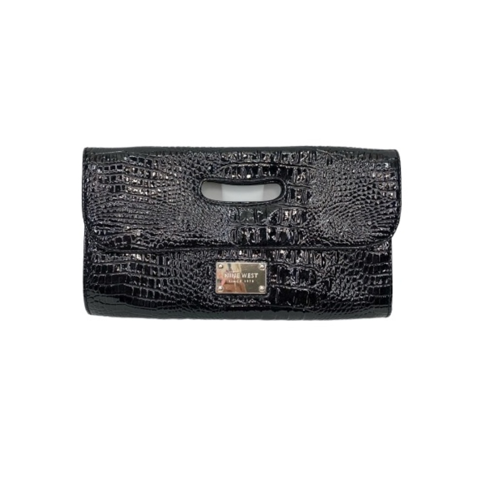 Nine West Black Faux Crocodile Patent Leather Embossed Flap Top Clutch Handbag